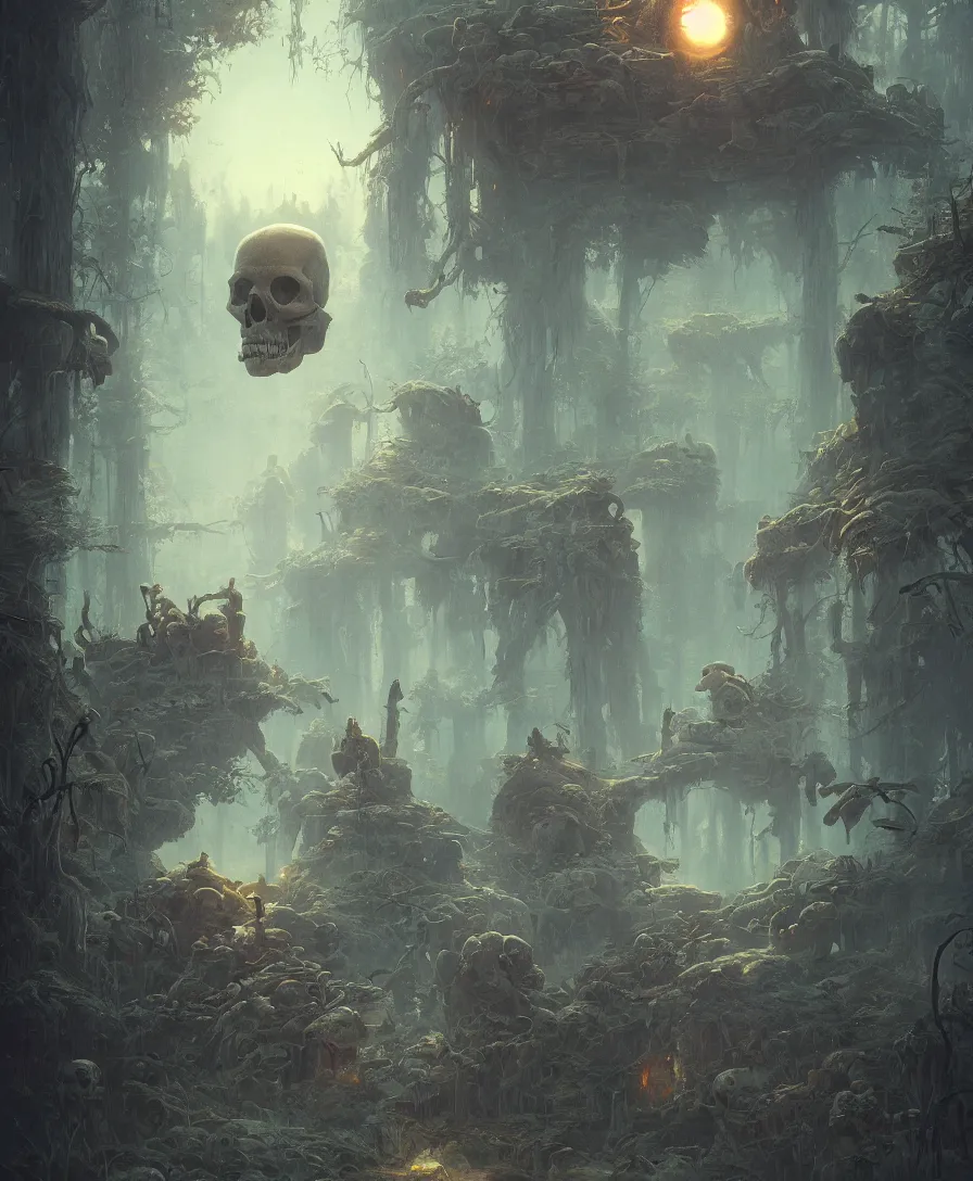 Image similar to skull asking, illustrated by simon stalenhag and gaston bussiere, beautiful volumetric lighting style atmosphere, intricate, ultra detailed, photorealistic imagery, trending on artstation, 4 k, 8 k