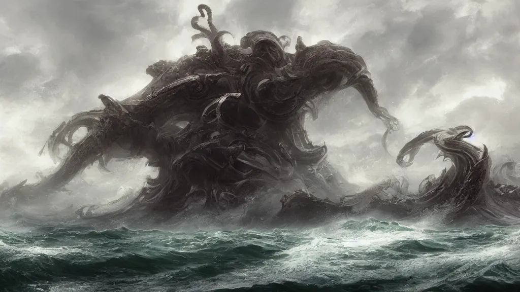 Prompt: a fantasy book landscape of a massive big giant kraken in the background vs small boat, stormy sea, giant waves, lightning in the background, soft digital painting, highly detailed, artstation, sharp focus, illustration, concept art, ruan jia, oil painting, 4 k