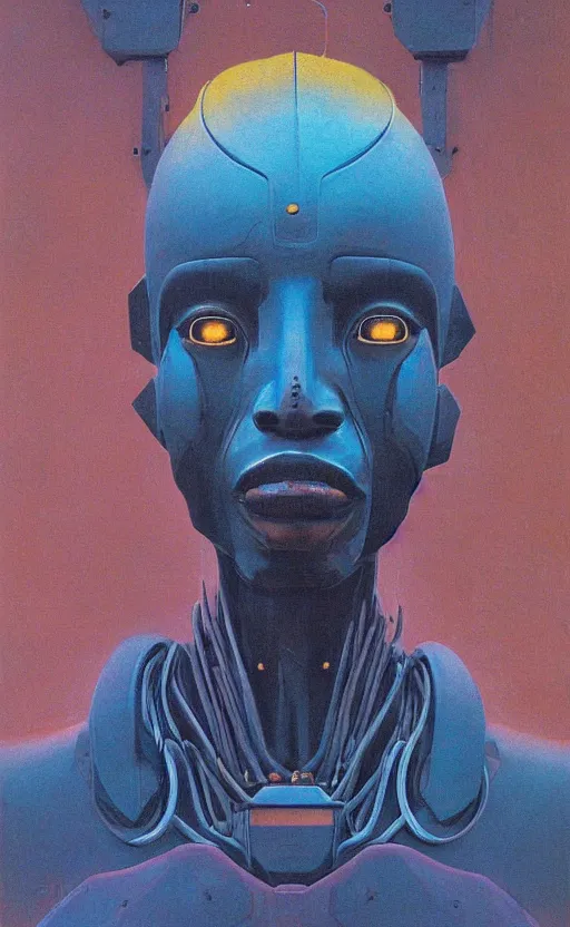 Image similar to portrait of mecha african tribal chief, symmetrical, dramatic lighting, colourful, art by zdzislaw beksinski,