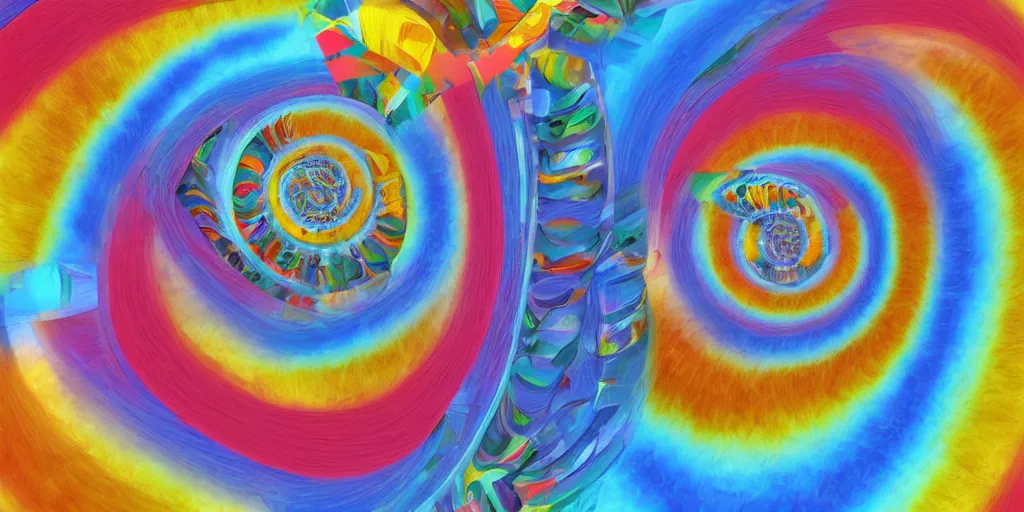 Prompt: an abstract 3d rendering of an abstract by robert delaunay of colorful spirals interacting in complex designs in the fibonacci ratio with smooth color transitions