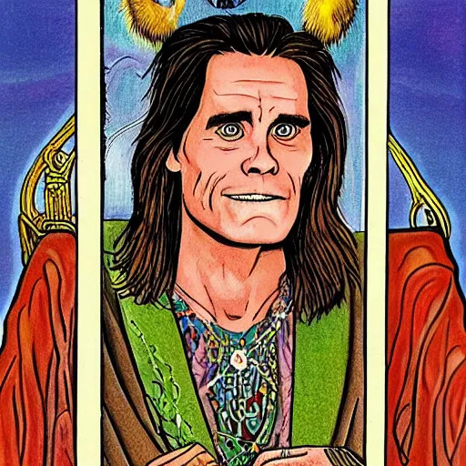 Image similar to Jim Carrey in Thoth tarot deck, style of Lady Frieda Harris, 4K