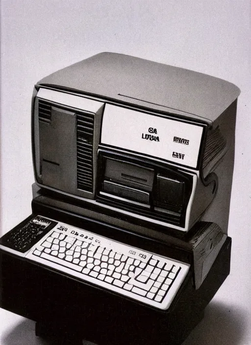 Image similar to 80's computer with floppa disc, photorealistic picture from a magazine