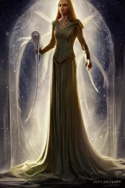 Prompt: tarot illustration of galadriel as the empress by artstation