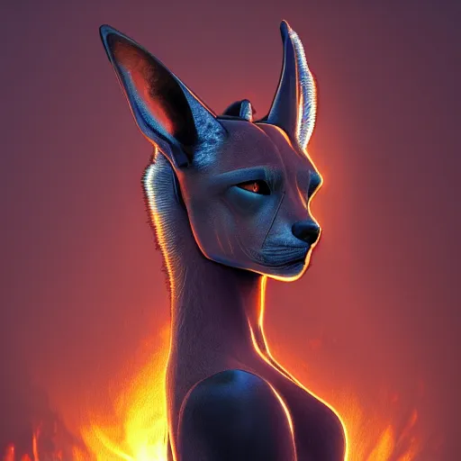 Prompt: A portrait of a female Anubis, she is glaring at the viewer and there is fire behind him, beautiful digital art trending on artstation, 4k, greg rutowski, extremely detailed, vivid three point lighting, backlit fur