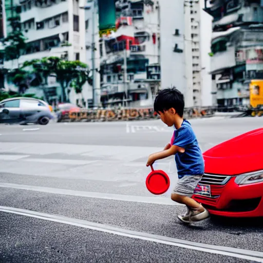 Prompt: small boy running over red car at empty crossroad in hong kong