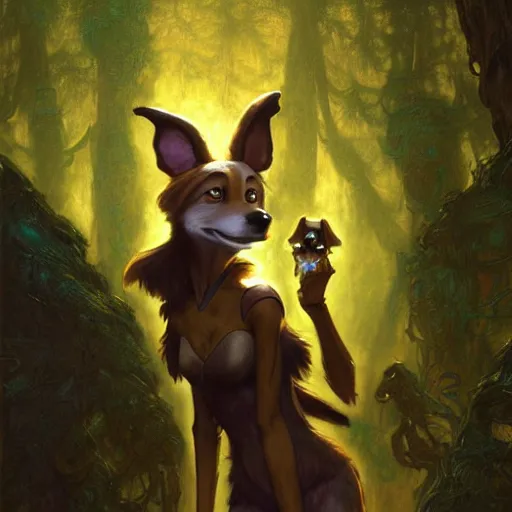 Image similar to a portrait of an alien female dog dogwoman canine in starfleet uniform at night in a dark forest. zootopia fursona furaffinity furry art detailed face painting by gaston bussiere craig mullins jc leyendecker gustav klimt artgerm greg rutkowski furry