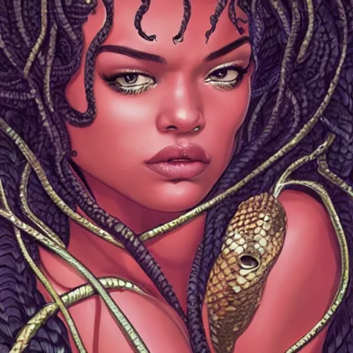 Prompt: Shanina Shaik as Medusa, snakes for hair, highly detailed, digital painting, artstation, concept art, smooth, sharp focus, illustration, art by Chris Achilleos and artgerm, in the style of Medusa (1988) by Chris Achilleos and crooks and castles.