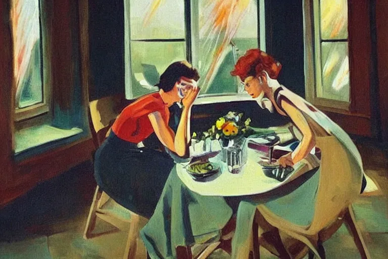 Image similar to a beautiful sad girl is sitting at the table and huge nuclear explosion is in the window, painting in style of Malcolm Smith