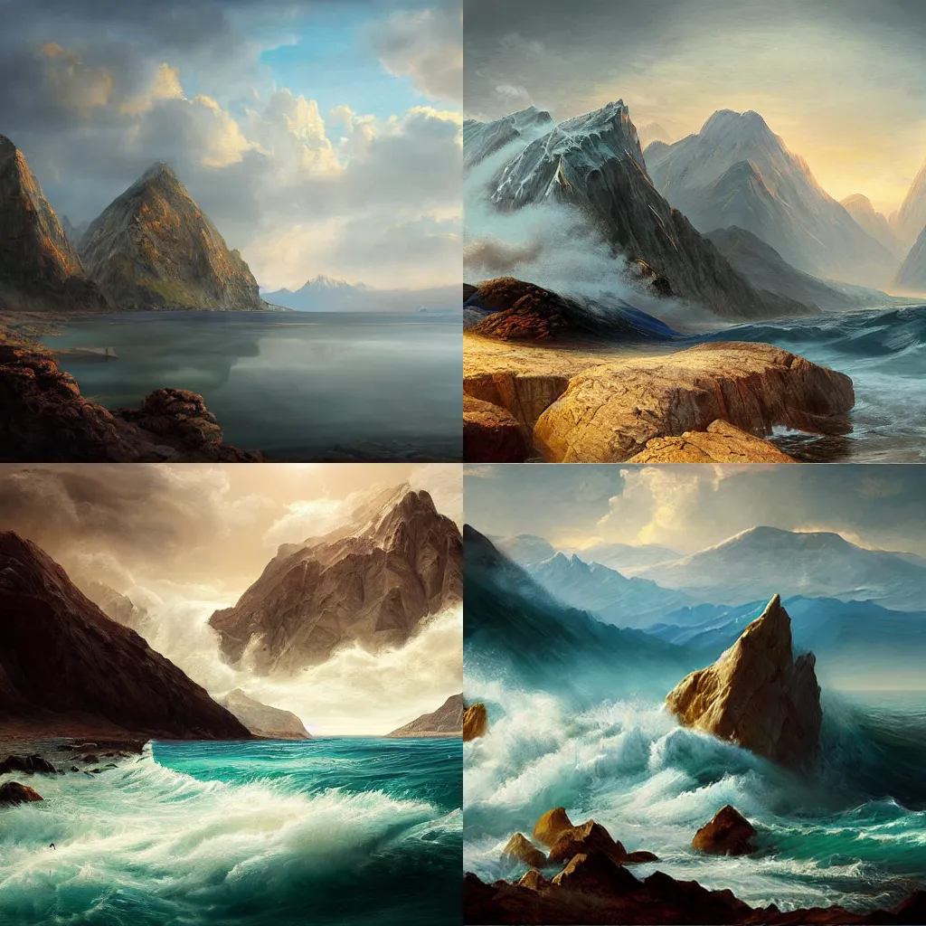 Prompt: Mountain thrown into the sea, realistic painting, classical painting, high definition, digital art, matte painting, very detailed, realistic