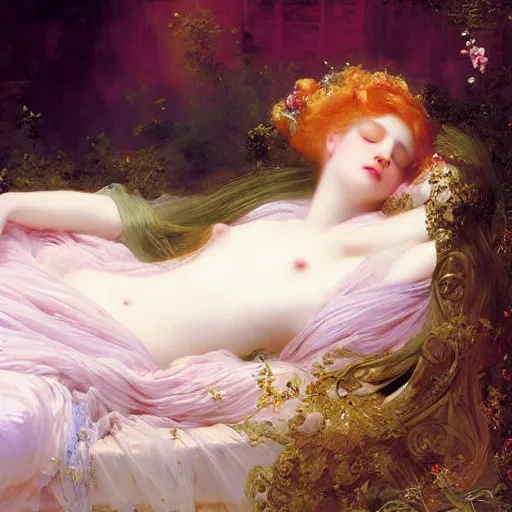 Image similar to blonde beautiful sleeping princess by Franz Xaver Winterhalter and Delphin Enjolras and Rebecca Guay