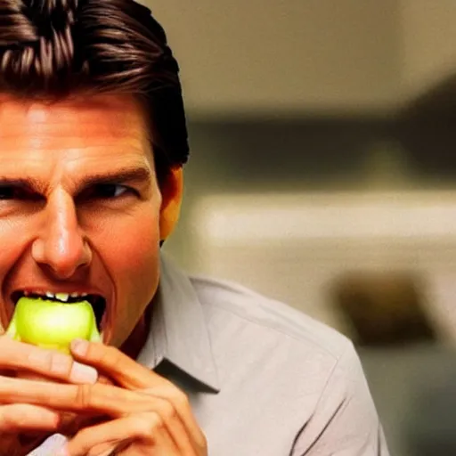 Prompt: Tom Cruise eating!!!!! a microphone like an apple the microphone is being crushed by his massive teeth, photo realistic, highly detailed, natural lighting, eating!!!! a microphone, 4k