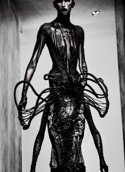 Image similar to walking down the catwalk, steven klein, show, stage, vogue photo, podium, fashion show photo, historical baroque dress dark, iris van herpen, beautiful woman, full body shot, masterpiece, intricate, wires, veins, jellyfishs, biopunk, guyver, highly detailed