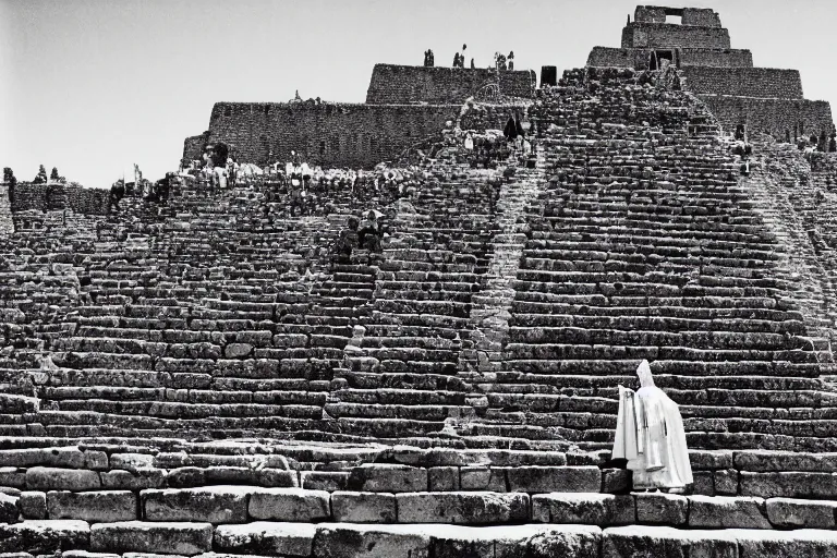 Prompt: full body photo portrait of ancient attractive provocative inca beauty on top of the stone aztec pyramid as a priest at crowded sacrifice ritual , masses of people in the distance , old photo, highly detailed, fashion photography,award winning photo, black and white, by Annie Leibovitz, Ansel Adams, Dayanita Singh