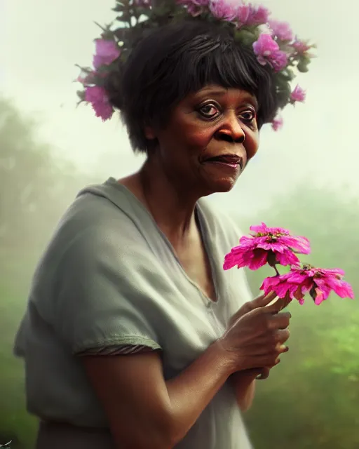 Prompt: moms mabley surrounded by mist and pretty flowers, very detailed, realistic face, detailed face, matte, tonemapping,, perfection, 4 k, cushart krenz, cinematic, atmospheric