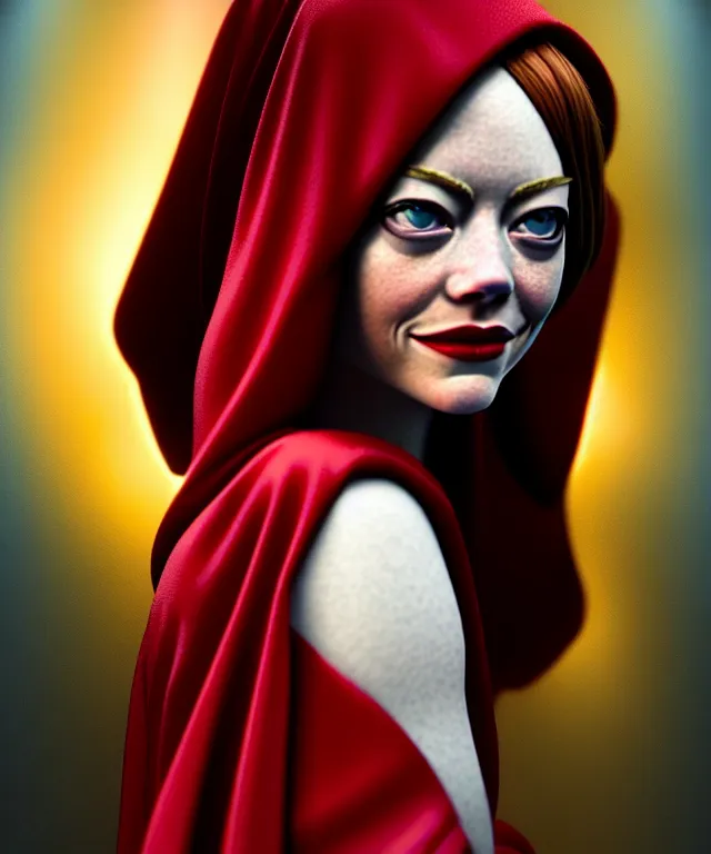 Image similar to hyperrealistic mixed media painting of Emma Stone as a beautiful young female mage, stunning 3d render inspired art by P. Craig Russell and Barry Windsor-Smith + perfect facial symmetry + dim volumetric lighting, dark red hair, pale skin, crimson robes, dizzy, full body, confident heroic pose, arms crossed, d&d, 8k octane beautifully detailed render, post-processing, extremely hyperdetailed, intricate, epic composition, grim yet sparkling atmosphere, cinematic lighting + masterpiece, trending on artstation, very very detailed, masterpiece, stunning