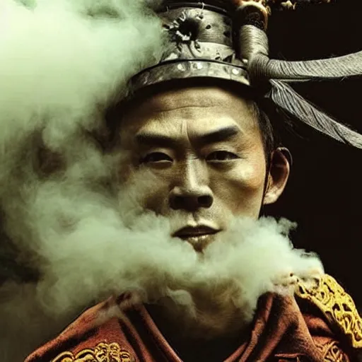 Image similar to a samurai warrior made of smoke, mystical magical :: by tim burton