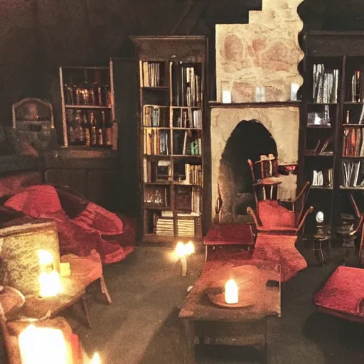 Image similar to A photograph of the Gryffindor common room, cozy arm chairs, a fire burning in the hearth, high ceilings, lit by many candles, light rays, magic aura, bloom, mysterious