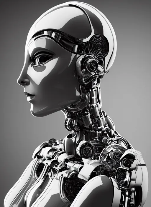 Prompt: a beautiful young female futuristic robot profile face photo, daguerrotype, closeup - view, f / 2. 8, low contrast, 1 6 k, beautiful lighting, reflective, insanely detailed and intricate, hypermaximalist, elegant, ornate, hyper realistic, super detailed, surreal dreamy poetic