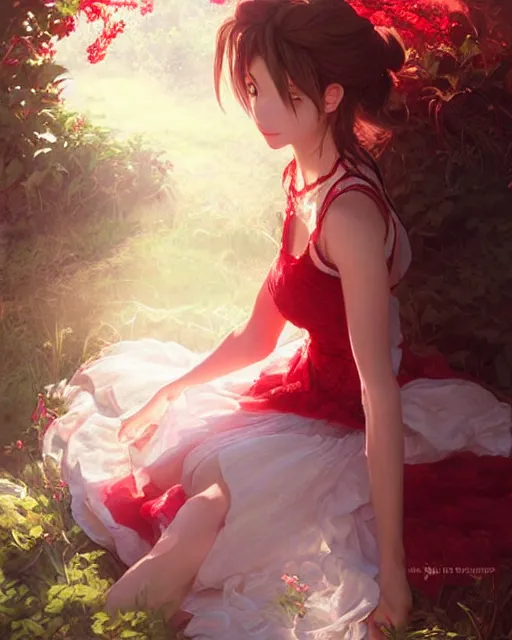 Prompt: aerith gainsborough in red lace skirt, portrait, illustration, rim light, top light, perfectly shaded, spring time, slight overcat lighting, soft painting, art by krenz cushart and wenjun lin