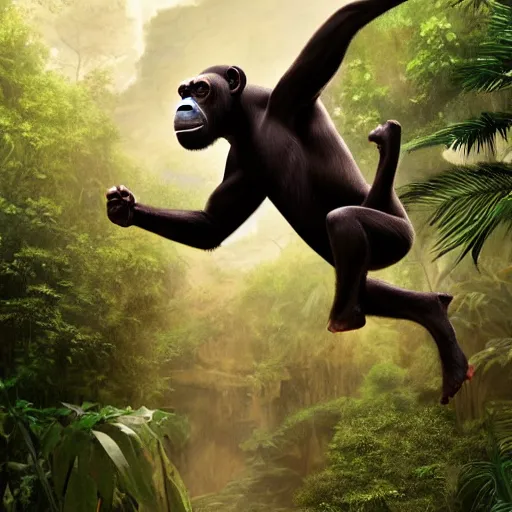 Image similar to Angry Chimpanzee Jumping, Epic Jump, Cinematic Photo, Cinematic Shot, Jungle, Foliage Boris Vallejo, Epic, 8k resolution, ArtStation, Hyperrealistic