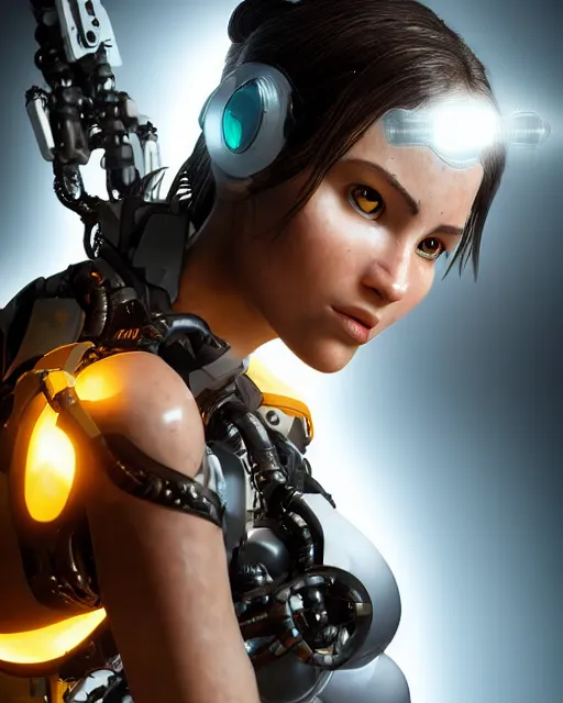 Prompt: centered portrait of soulful lara croft as a solarpunk mecha humanoid robotic parts wearing, with bright led lights, real human face, pudica gesture bouguereau style, in white room, ultra - realistic and intricate, soft portrait shot 8 k