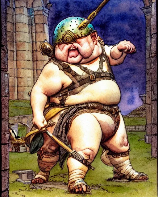 Image similar to a realistic and atmospheric watercolour fantasy character concept art portrait of a fat adorable chibi bulldog roman soldier in a roman temple, by rebecca guay, michael kaluta, charles vess and jean moebius giraud