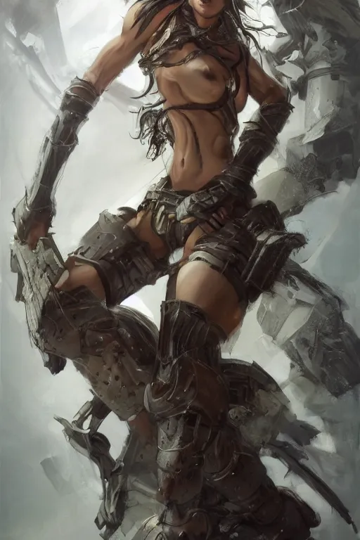 Image similar to a photorealistic painting of an attractive young female, partially clothed in battle armor, olive skin, long dark hair, beautiful bone structure, symmetrical facial features, intricate, elegant, digital painting, concept art, illustration, sharp focus, from Metal Gear, in the style of Ruan Jia and Mandy Jurgens and GregRutkowski and William-Adolphe Bouguerea