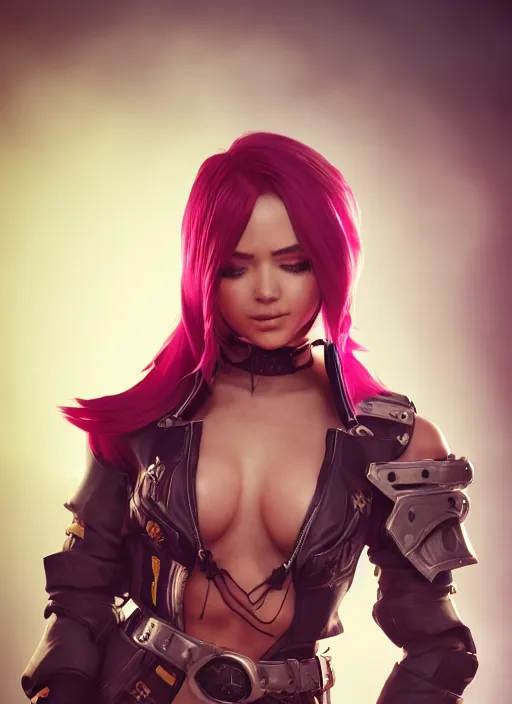 Prompt: vi from arcane, artstation, octane render, by wlop, fortiche, league of legends, fighter, cool red jacket, tattoo, beautiful, 3 d, potrait, art staion, studio light, closeup shot