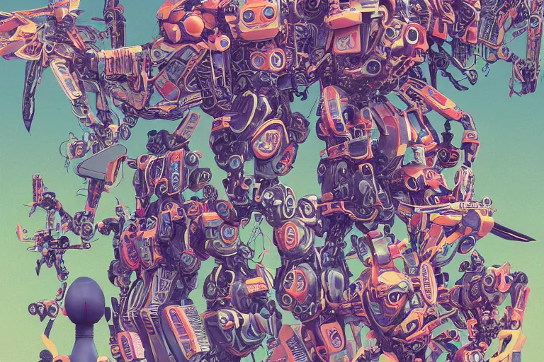Image similar to gigantic dragonflies with human faces catch tiny robots, a lot of exotic mechas robots around, human heads everywhere, risograph by luigi serafini, colorful flat surreal design, super - detailed, a lot of tiny details, fullshot