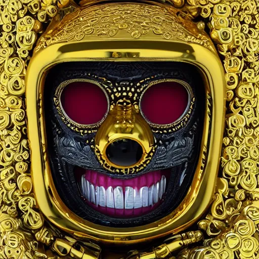 Image similar to portrait_of_a_Thug_with_Gold_Teeth_Smiling_through_Ski_Mask._intricate_abstract._intricate_artwork._by_Tooth_Wu_wlop_beeple_dan_mumford._octane_render_trending_on_artstat