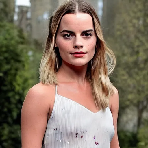 Image similar to a woman who is a genetic combination of margot robbie and emma watson face and upper - body focus