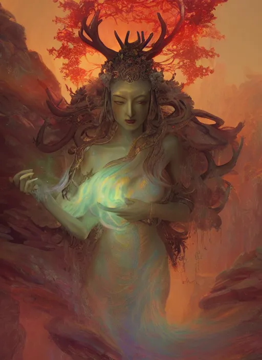 Prompt: Gigantic Stone Deity with a halo made of fluorescent mushrooms and antlers, flowing robes, extremly detailed digital painting, in the style of Fenghua Zhong and Ruan Jia and jeremy lipking and Peter Mohrbacher, mystical colors, rim light, beautiful lighting, 8k, stunning scene, raytracing, octane, trending on artstation