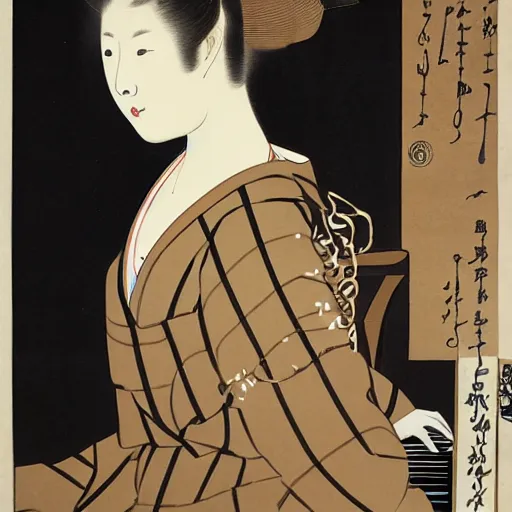 Image similar to girl with curly blonde hair sitting at a piano, painting by utamaro