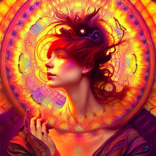 Image similar to An extremely psychedelic experience, colorful, surreal, dramatic lighting, magic mushrooms, psilocybin, LSD, face, detailed, intricate, elegant, highly detailed, digital painting, artstation, concept art, smooth, sharp focus, illustration, art by Krenz Cushart and Artem Demura and alphonse mucha