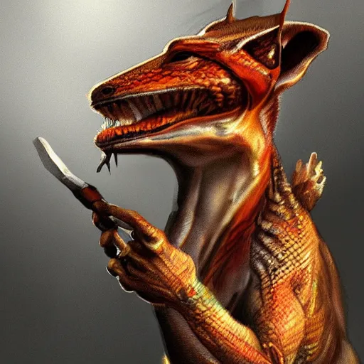 Image similar to a lizard man eating a fox, digital art, realistic, artstation