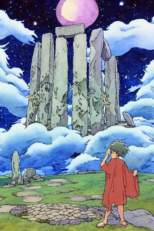 Image similar to a hyperrealist studio ghibli watercolor fantasy concept art. in the foreground is a giant grey octopus building and putting stones in to place on top of stonehenge with a starry sky. by rebecca guay, michael kaluta, charles vess