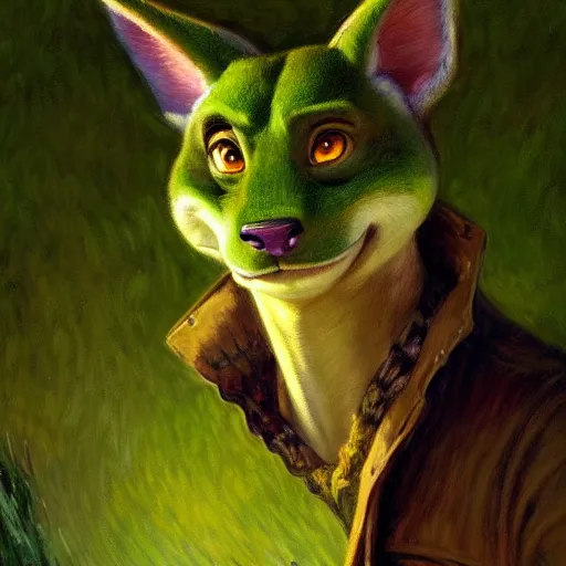 Prompt: a portrait of a male green reptile in farmer clothes at night in a dark forest. zootopia fursona furaffinity furry art detailed face painting by gaston bussiere craig mullins jc leyendecker gustav klimt artgerm greg rutkowski furry