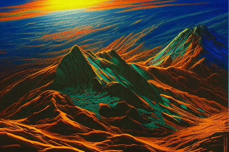 Image similar to despair peak, art by david a. hardy, trending on artstation, iridescent cool blue and cyan and red and blue and yellow and green lighting isometric view steampunk, optical illusion, expressionism, macro, hudson river school