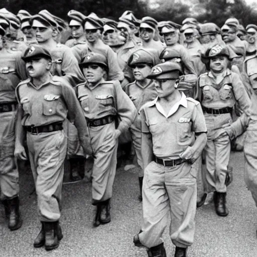 Image similar to mario as prison camp guard marching, wwii, officers uniform, cartoon style