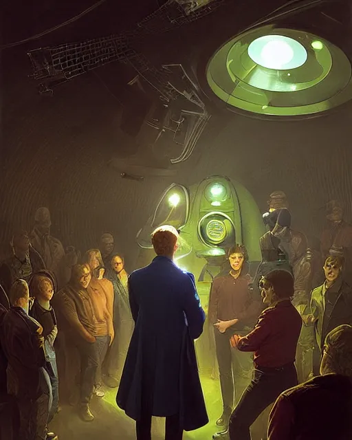 Image similar to medium - shot, vislor turlough played by mark strickson at age 1 8, at the alien space pub, crowded, with lights, interior, from doctor who series, artstation, highly detailed digital painting, smooth, global illumination, sci fi art by greg rutkowsky, karl spitzweg, leyendecker