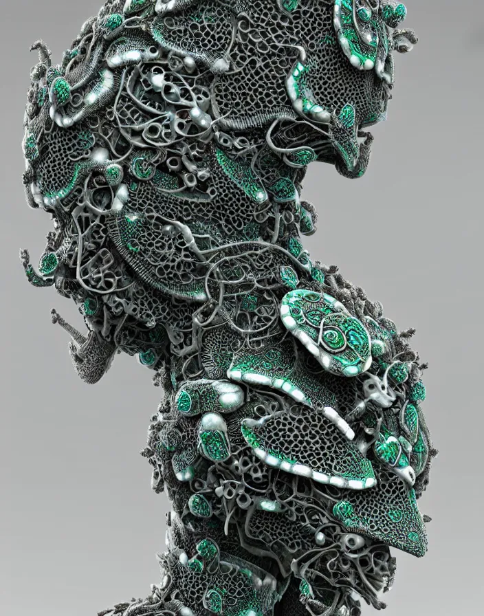 Prompt: bw close - up profile face, beautiful young porcelain intricate bio - mechanical vegetal - dragon - cyborg - female, jade metallic armour, white peacock feathers, roots, fine mandelbrot fractal lace, 1 5 0 mm, soft rim light, elegant, hyper real, ultra detailed, octane render, hg giger, 1 6 k