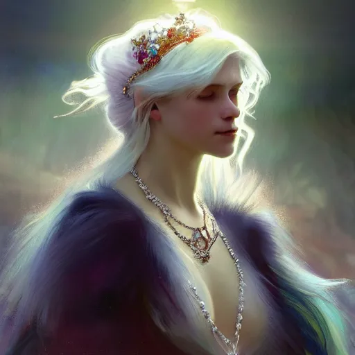 Image similar to a beautiful white haired young 🦍, adorned with precious stones, tiara and necklace by jeremy mann and alphonse mucha, photo realistic, dynamic lighting, windy, artstation, poster, dreamy, volumetric lighting, ethereal, 4 k, high detail