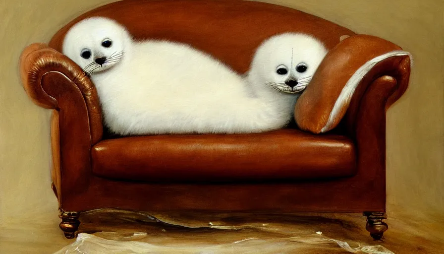 Image similar to highly detailed painting of cute furry white baby seal pupd cuddling up on a brown leather sofa with ice by william turner, thick brush strokes and visible paint layers, 4 k resolution, lounge background