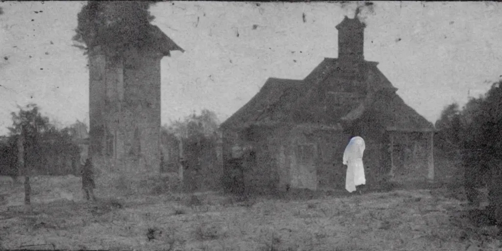 Image similar to scary unproportionable tall ghost creature in the middle of a village, 1900s picture