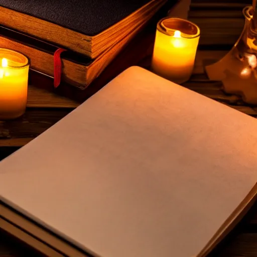 Image similar to old notebook on a wooden table, dim candle light, photorealistic, high details