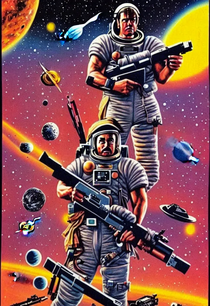 Prompt: space rambo - movie poster, 1 9 8 8, hq print