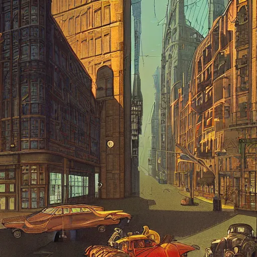 Image similar to a man full body standing next to a huge car in city, people walking in the distance, reflections on wet streets, dieselpunk style, steampunk, art by jean giraud and moebius ; architecture by francois schuiten, beautiful illustration, drawing, painting, clean lines, digital art, symmetric, colorful retrofutur, artstation