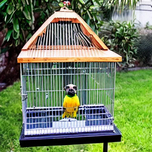 Prompt: a bird cage with a pug parrot hybrid