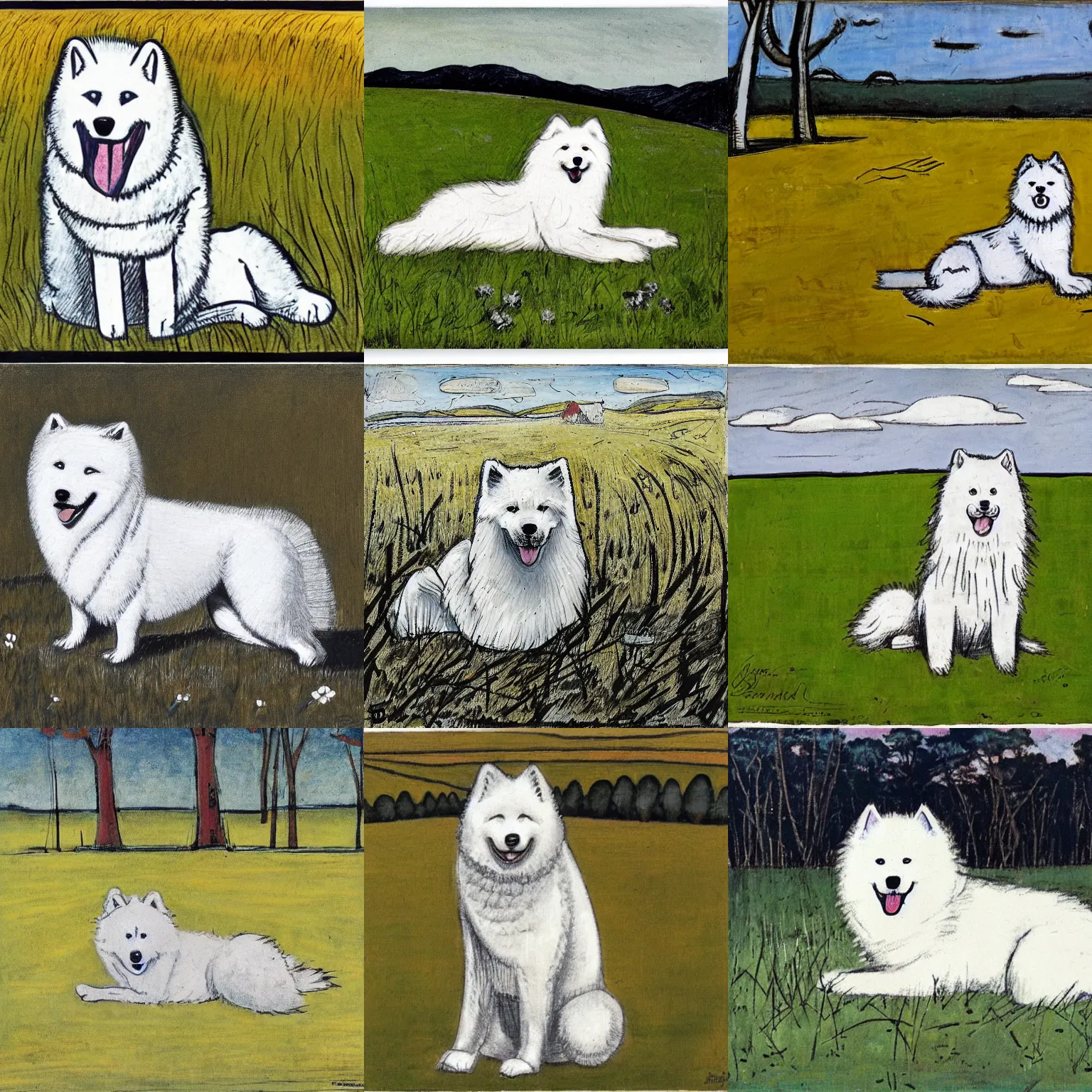 Prompt: a samoyed dog sitting in the middle of sunny meadow, by bernard buffet