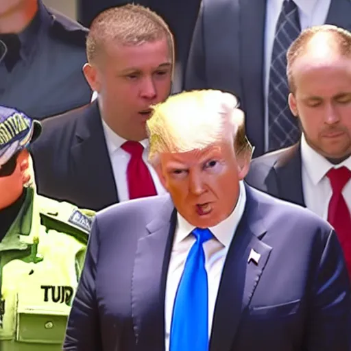 Image similar to Donald Trump arrested by FBI, still from news footage, detailed, 4k